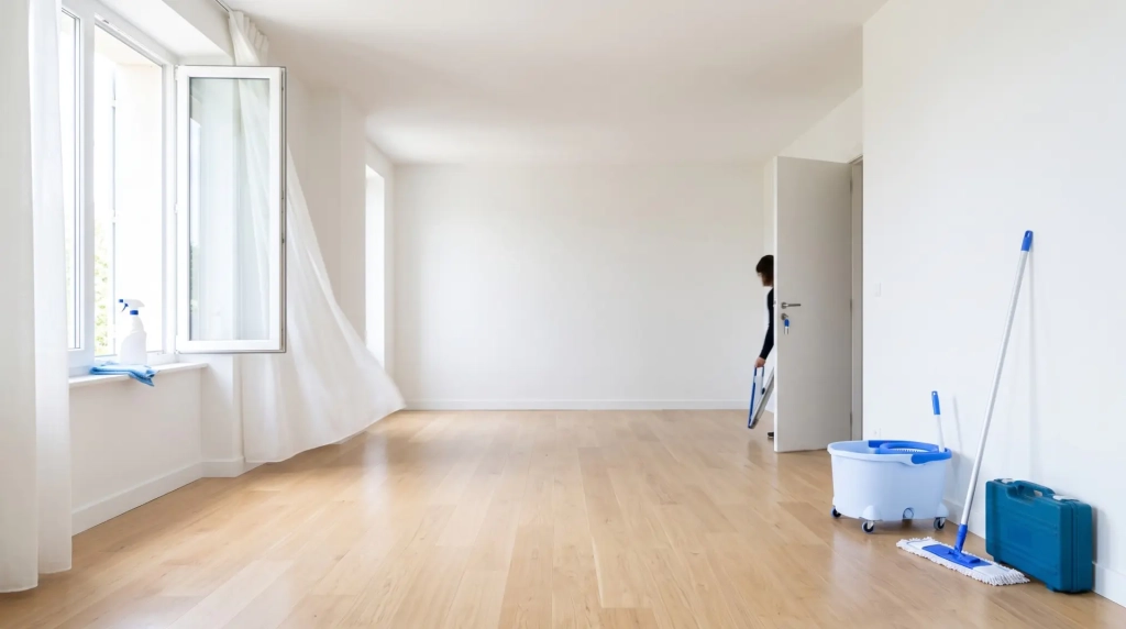 Chambre vide, désinfectée et aérée après un nettoyage consécutif à un décès