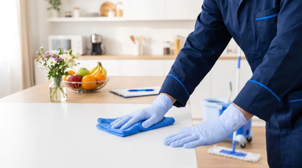 Entretien régulier d’un logement : plan de travail de cuisine essuyé lors d’un ménage à domicile