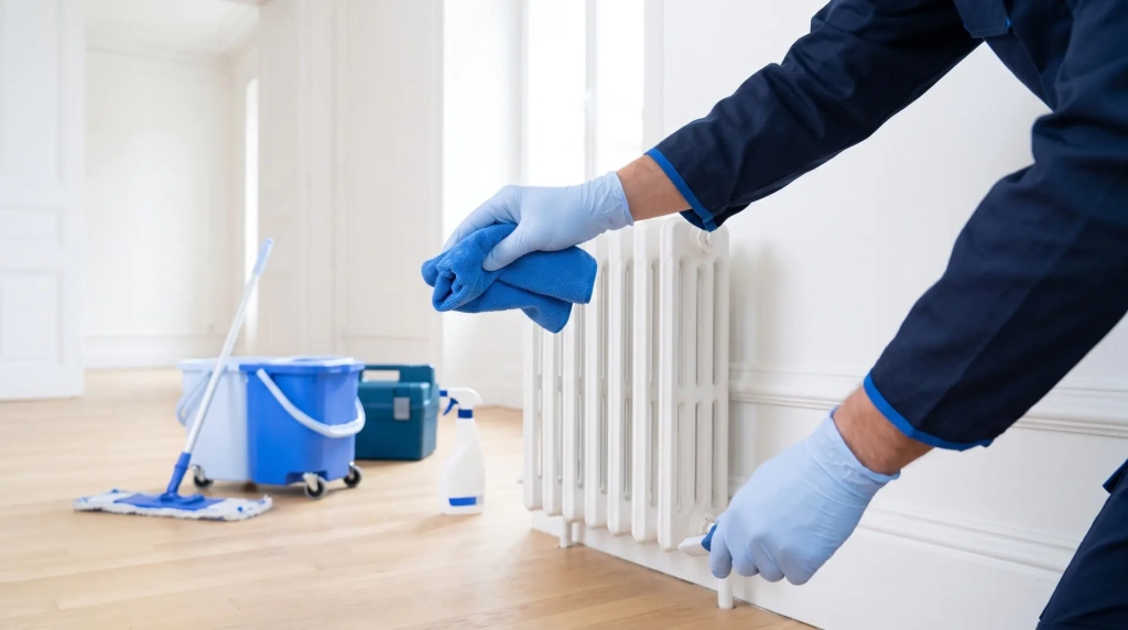 Nettoyage d’appartement rénové : radiateur et plinthes dépoussiérés après travaux
