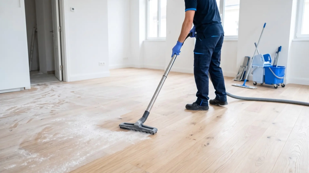 Poussière de rénovation aspirée sur le parquet d’un logement rénové