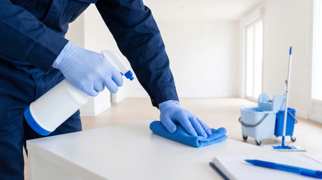 Nettoyage de logement insalubre : désinfection d’un sol par un intervenant équipé