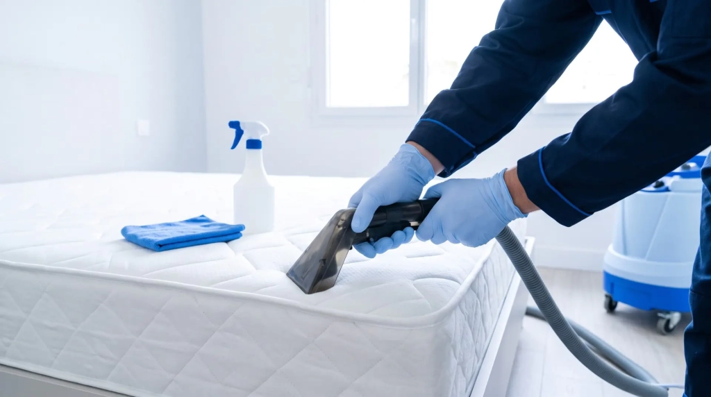 Nettoyage de matelas à domicile : coutil aspiré et détaché dans une chambre