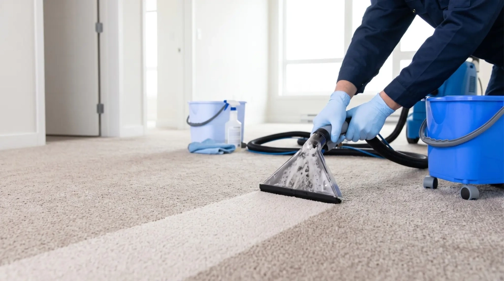 Nettoyage de moquette professionnel dans l’Ain : bande nettoyée visible sur les fibres
