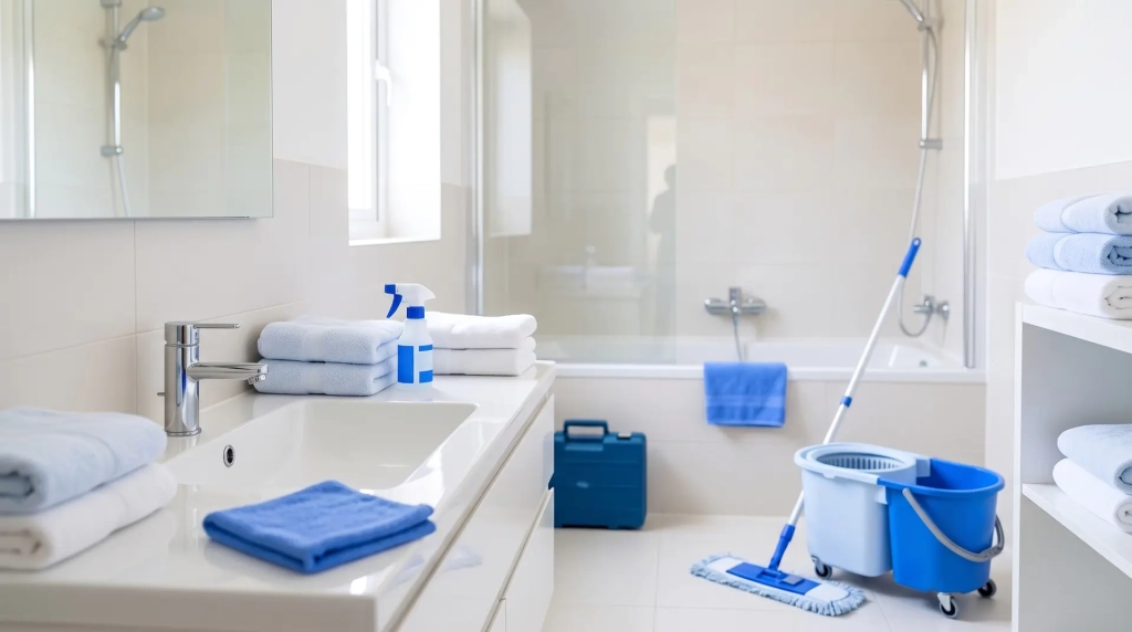 Prestation de ménage à domicile : salle de bains familiale nettoyée et sol lavé