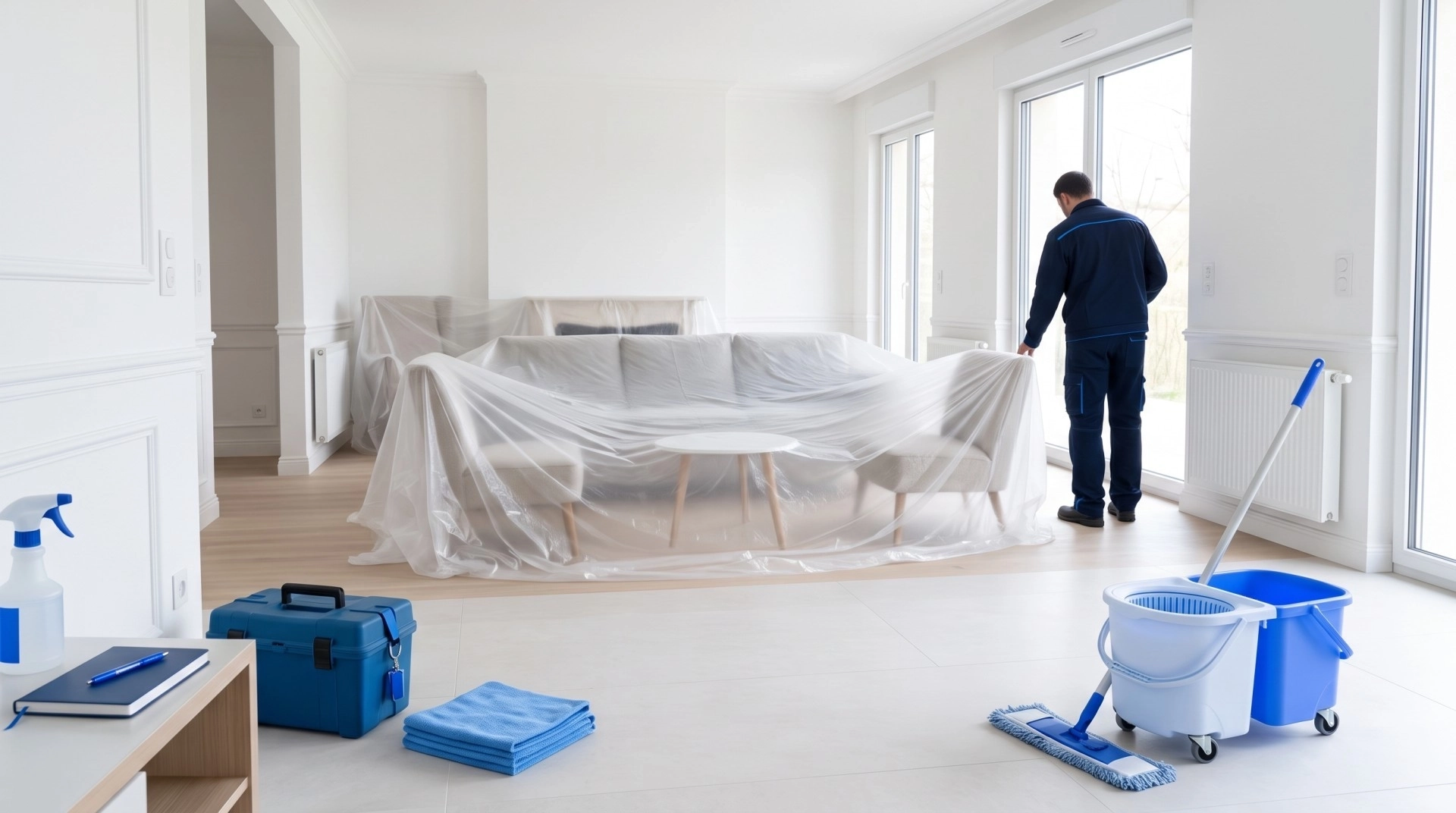 Préparation d’un logement avant un nettoyage après travaux : meubles regroupés sous une bâche